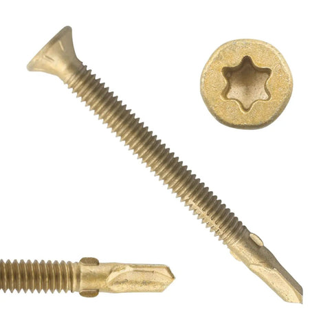 Reamer Tek Screws Twelve By Two And One Half Self Drilling Wood To Metal Torx Head T25 close-up view showing screw tip and head