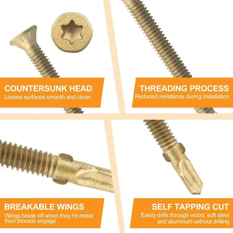 Close-up of Twelve By Two And A Half Inch Reamer Tek Screws For Wood To Metal With Torx T25 Drive Self Drilling for Trailers