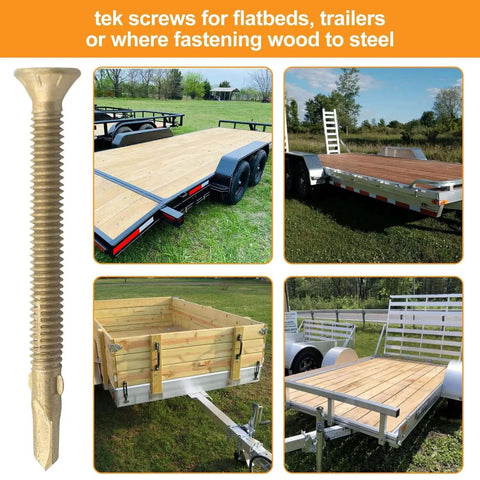 Twelve By Two And A Half Inch Reamer Tek Screws For Wood To Metal With Torx T25 Drive Self Drilling For Trailers Flatbeds Trucks Docks And More Fifty Pieces, image showing screws and installed on trailers.