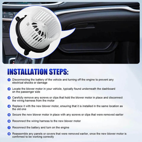 Installation guide for Rear AC Heater Blower Motor With Fan Fits 2006 2020 Dodge Grand Caravan Chrysler Town And Country Pacifica Ford Expedition Jeep Commander Lincoln Navigator VW Routan Ram C V Replacement 700234