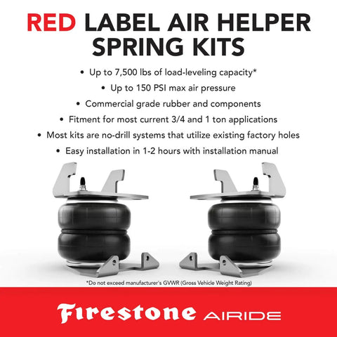 Rear Air Springs Kit For Silverado 2500HD And Sierra 3500HD 2011 Through 2025 Red Label With 7500 Pounds Load Capacity And 5 To 150 PSI Easy Install No Drill Design