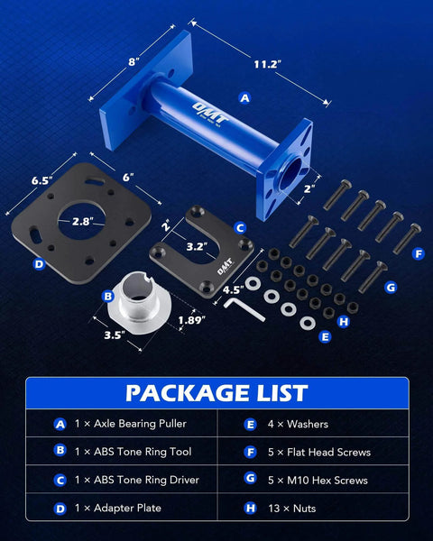 Rear Axle Bearing Puller and Installer toolset components with measurements for 1995-1998 T100 1995-2004 Tacoma 1995-2020 4Runner 2000-2006 Tundra 2004-2012 Hilux.