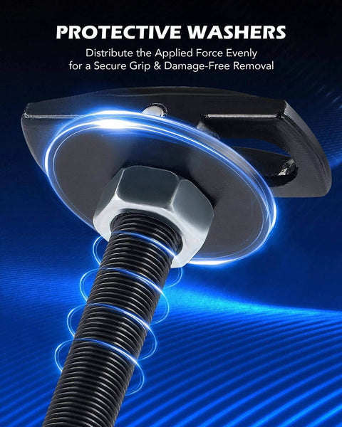 Close-up of Rear Axle Bearing Remover Set with protective washers and threaded bolt, highlighting secure grip feature.