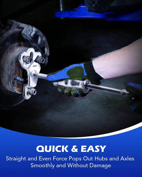 Person using Rear Axle Bearing Puller Tool Kit and Slide Hammer Set on car axle hub, close-up with axle seal remover.