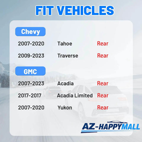 Fitment chart for Rear Side HVAC Blower Motor for Chevy Tahoe, Traverse, GMC Acadia, Yukon highlighting compatible years.