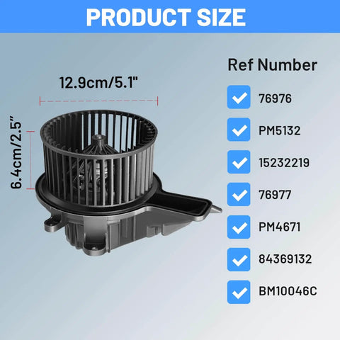 Rear Side HVAC Blower Motor for Chevy Tahoe 2007 to 2020 Traverse 2009 to 2023 GMC Acadia 2007 to 2023 Yukon 2007 to 2020 Replacement Part 76977 84369132 Easy Install Reliable Cabin Comfort OEM Grade Performance displayed with size dimensions 12.9cm by 6.4cm and reference numbers 76976, PM5132, 15232219, 76977, PM4671, 84369132, BM10046C