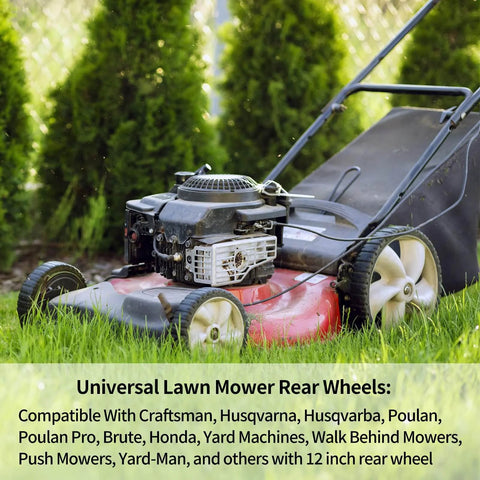 12 Inch Rear Lawn Mower Wheels Replacement for Arnold 490-324-0002 on a red mower, compatible with Craftsman, Husqvarna, Poulan.
