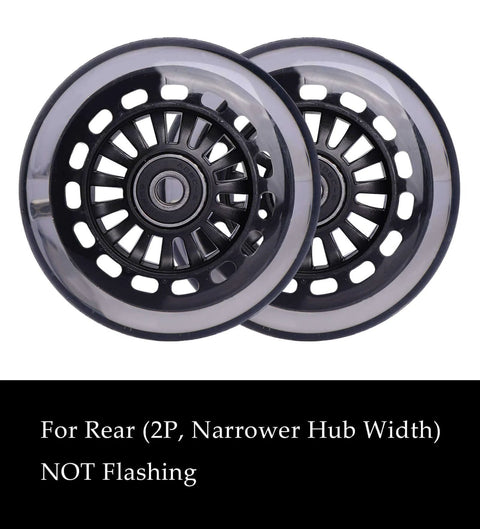 ✝️ Polyurethane replacement wheels set (front, 2p light up), swing car wheels pack (rear, 2p narrower) upgrade for ride-on toys (black)