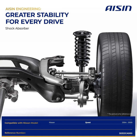 Rear Shock Absorbers Set Of Two For Nissan Quest 2004 2009, shown installed on car suspension, side view with tire and spring