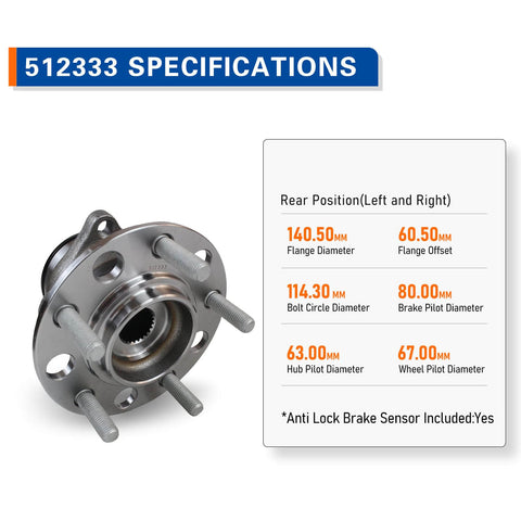 Rear Wheel Bearing And Hub Assembly 512333 For 2007 2017 Jeep Compass 2007 2017 Patriot And 2007 2008 Dodge Caliber Rear Left And Right 4WD And AWD Replacement Direct Fit OE Quality, showing product specifications.