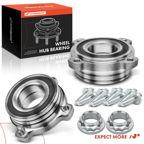 Two Premium Rear Wheel Bearing And Hub Assembly Kit For BMW Fits 525i 528i 530i 535i 535i GT 535xi 540i 545i 550i 550i GT And M5 From 1997 To 2010 High Quality Direct Fit, showing components and packaging.