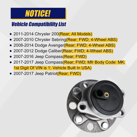 Rear Wheel Bearing Hub Assembly With ABS 5 Lug Replacement Fits Chrysler 200 2011 2014 Sebring 2007 2010 Avenger 2008 2014