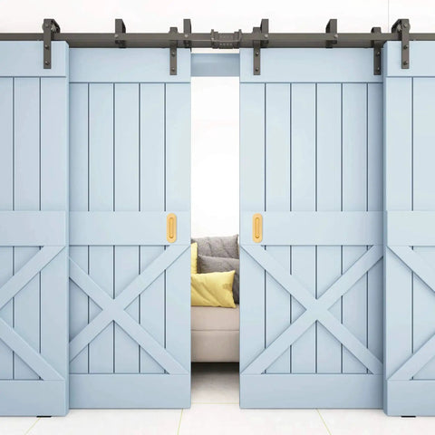 Sliding barn doors with 6 Inch Gold Recessed Finger Flush Pulls for Pocket Doors and Closet Doors, in brushed gold stainless steel.