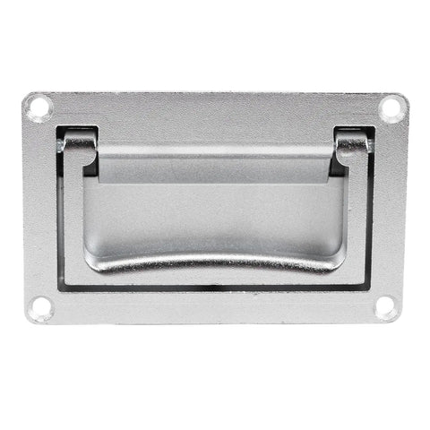 Front view of zinc alloy recessed hatch handle with flush-mount plate and spring-loaded folding pull.