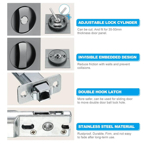 Recessed Door Lock With Square Pocket, Invisible Two Sided Hardware Privacy Sliding Door Latch For Bathroom Bedroom Barn Doors, Suitable For Doors 1 3 8 Inch Thick, Durable Metal Construction With Gray Finish showing adjustable lock cylinder and design