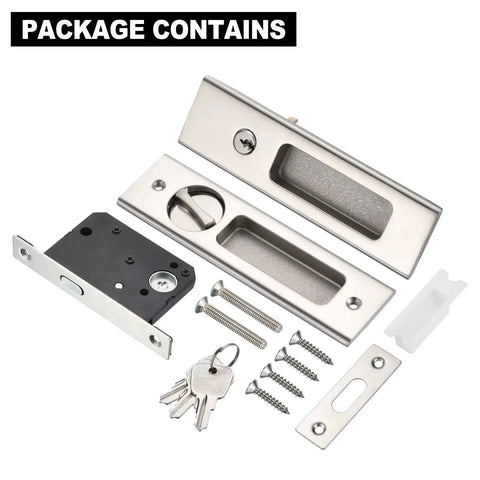 Package contents of Invisible Recessed Pocket Door Lock With Hidden Handle And Keys, Ideal For Sliding Barn Wood Doors, Silver Finish