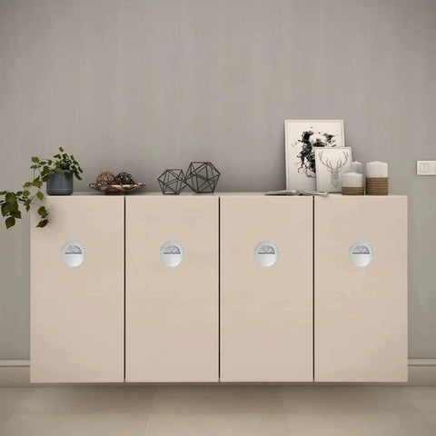 Set Of 4 Concealed Recessed Drawer Handles Stainless Steel 60x15mm installed on modern cabinet doors in a living room setting
