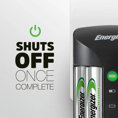Recharge Pro NiMH AA Battery Charger With 4 Batteries 3 Hour Charge showing auto shutoff feature with partial view of charger.
