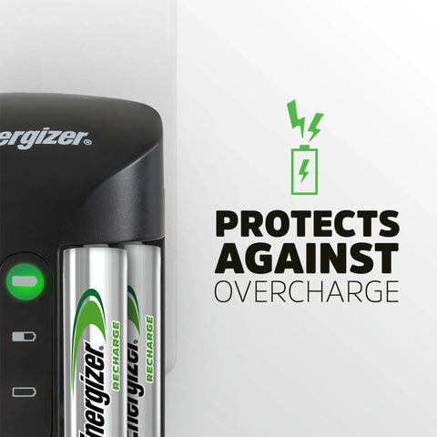 Recharge Pro NiMH AA Battery Charger With 4 Batteries 3 Hour Charge showing protection against overcharge feature.