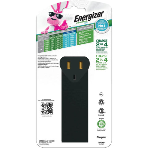 Recharge Pro NiMH AA Battery Charger With 4 Batteries 3 Hour Charge packaging with charging specifications.