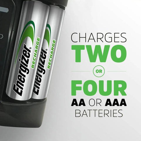 Recharge Pro NiMH AA Battery Charger With 4 Batteries 3 Hour Charge showing two batteries and text 'Charges Two or Four AA or AAA Batteries'