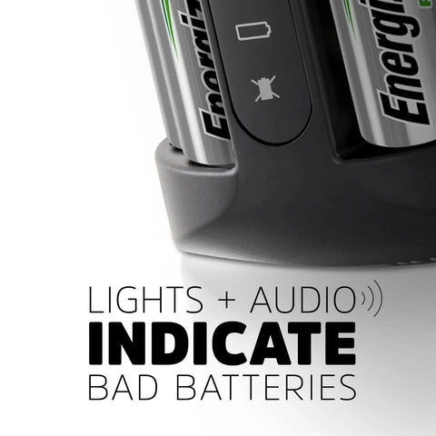 Recharge Pro NiMH AA Battery Charger With 4 Batteries 3 Hour Charge showing LED indicator and battery slots close-up