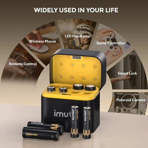Rechargeable AA and AAA lithium batteries with charger and storage case for home and travel use with various devices.
