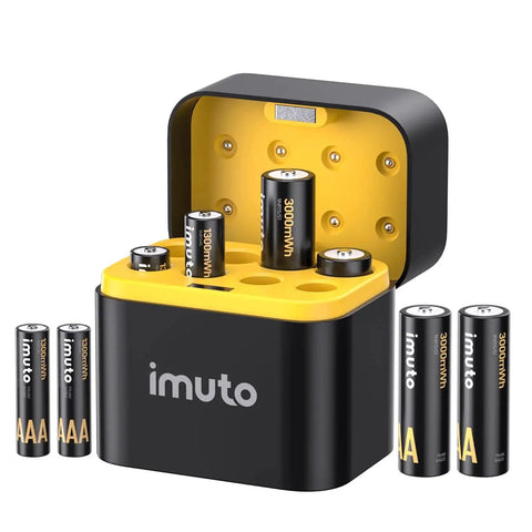 Rechargeable AA and AAA lithium batteries with charger and storage case, showing eight-pack with two inserted in charger.