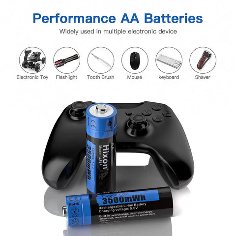 Rechargeable AA Lithium Batteries for Game Controllers, 3500mWh, shown with controller and icons of electronic devices.