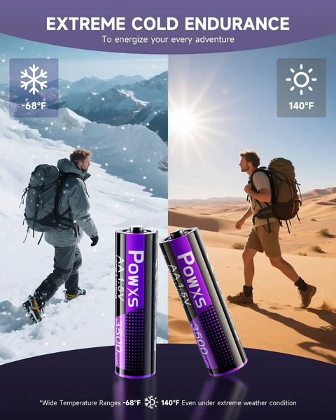Extreme cold and heat endurance illustrated with two hikers, featuring 8 Pack Rechargeable AA/AAA Batteries With USB-C Charger And 3500mWh Capacity.