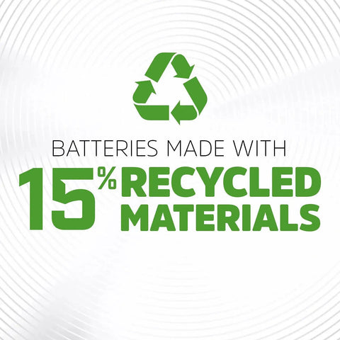 Image showing 'Batteries made with 15% recycled materials' text to highlight eco-friendly aspect of Rechargeable AA Batteries 4 Pack With Up To 12 Year Battery Life.