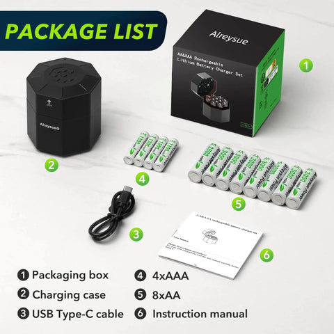 Rechargeable AA and AAA Battery Pack With 12-Channel Charger and Storage Box including batteries, charger, and USB cable on table