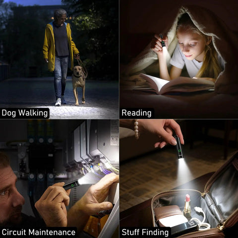 People using Rechargeable EDC Flashlight With USB C Port, 360 Lumen Mini Keychain Light in various outdoor and indoor settings.