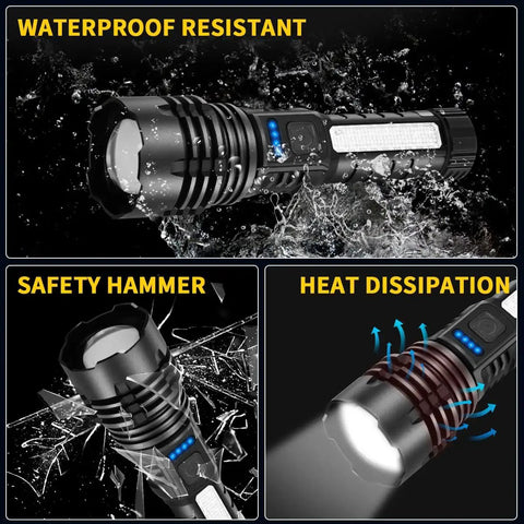 Rechargeable flashlight with 7 modes and USB-C charging delivers high-lumen, reliable light for home emergencies, camping, hunting, and outdoor tasks, featuring waterproof design and safety hammer function.