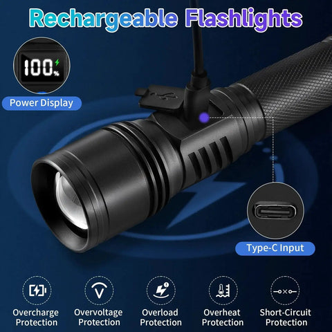 Rechargeable LED Flashlight 2 Pack High Lumens Handheld Tactical Torch With LCD Power Display Five Modes And Adjustable Focus