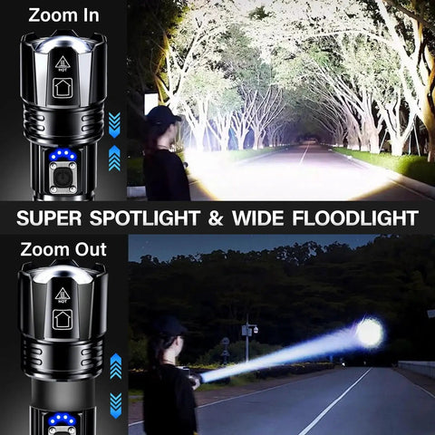 Rechargeable LED Flashlight 99000 Lumens Ultra Bright Zoomable Head USB C Fast Charge in action, spotlight and floodlight modes
