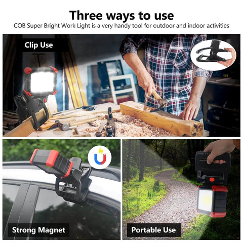 Rechargeable LED Clip On Work Light With Clamp 2 Pack 2100 Lumen COB Magnetic Work Lights shown in three uses