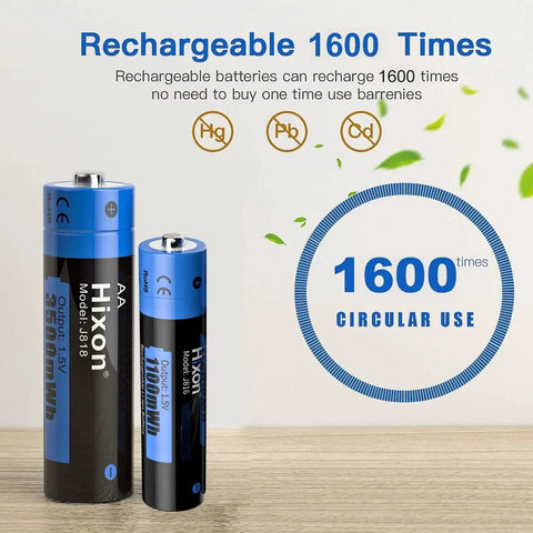 Rechargeable AA and AAA lithium batteries with 1600 cycle use, showcasing AA 3500mWh and AAA 1100mWh capacity, eco-friendly design.
