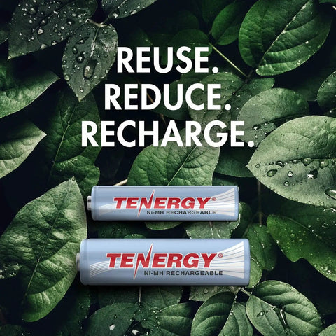 Rechargeable NiMH AA And AAA Batteries Kit with eco-friendly message on green leaf background