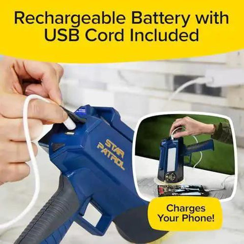 As Seen On TV Mega Bright Rechargeable Spotlight With 10 Modes And Turbo Boost Up To 100 Percent showing USB charging feature and kickstand