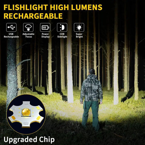 Rechargeable flashlight with 7 modes and USB-C charging delivers high-lumen, reliable light for home emergencies, camping, hunting, and outdoor tasks, featuring a power indicator and rugged build in a convenient dual-pack set.
