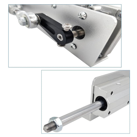 JQDML 24V linear actuator mounted on aluminum plate with black linkage
JQDML 24V linear actuator with aluminum housing and metal rod, side view