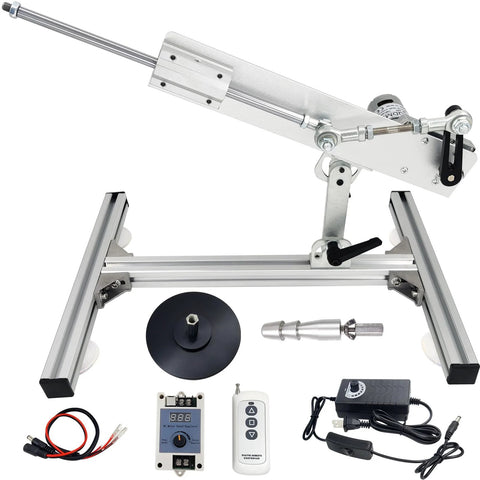 JQDML 24V reciprocating linear actuator kit with aluminum frame, stand, remote, controller, suction cup, power supply.
