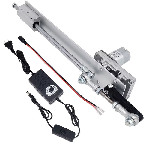 JQDML 24V DC linear actuator with aluminum rail, adjustable stroke 1.18-6 in, includes speed controller and power supply