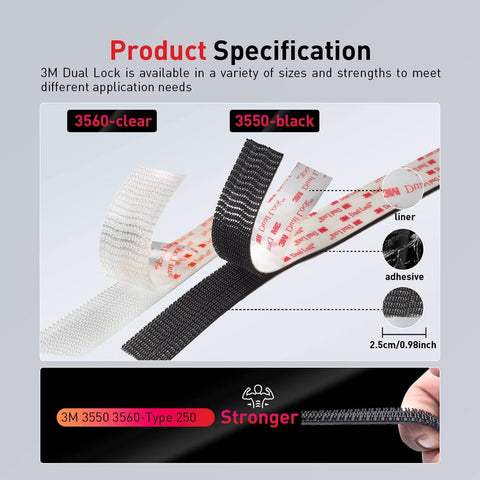 Beefy Heavy Duty Reclosable Fastener Strips 1/2 In By 7.5 Ft Industrial Strength Self Mating Interlocking Mushroom Heads With High Tack Adhesive For Indoor Outdoor Use Ideal For Home Office Decor Projects And Quick Mounts product showing clear and black strips, adhesive backing, and text specifications.