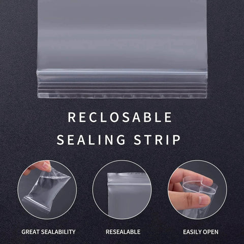 Close-up of 300 PCS Small Plastic Bags Set In 3 Sizes with reclosable sealing strip detail for beads jewelry pills.