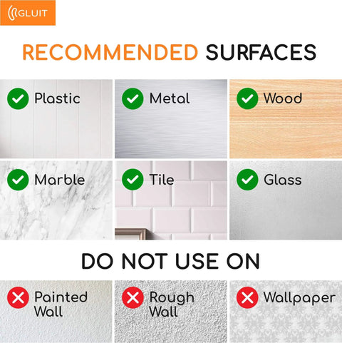 Image showing recommended surfaces for using Heavy Duty Double Sided Tape 16.5 Feet Clear Mounting Tape For Walls And Surfaces Crazy Sticky Yet Gentle On Walls Removable Adhesive Washable Reusable Nano Gel Wall Tape For Posters Cars Home Holds Up To 17.5 Lbs including plastic, metal, wood, marble, tile, and glass; not recommended for painted walls, rough walls, and wallpaper.
