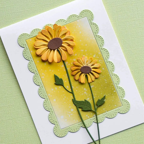 Card made with Four Piece Rectangle Frame Metal Die Cuts Set With Stitched Scalloped Nesting Tags, floral design on yellow background.