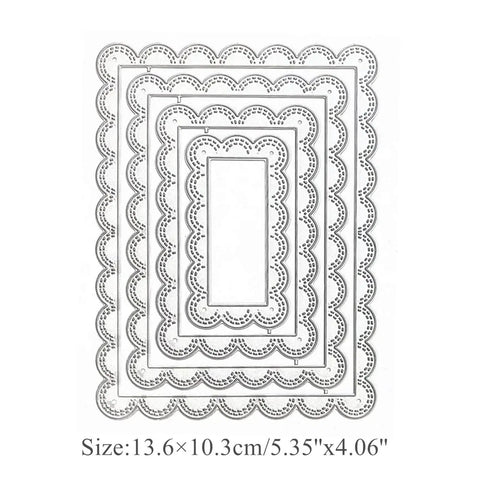 Four Piece Rectangle Frame Metal Die Cuts Set With Stitched Scalloped Nesting Tags for DIY scrapbooking and card making.