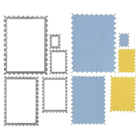 Rectangle Metal Cutting Dies Set For Scrapbooking And Card Making shown with paper cut samples in five size variations.